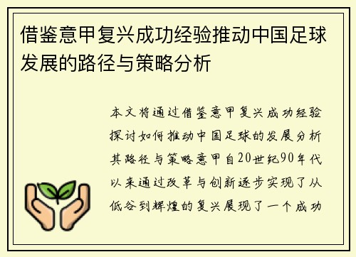 借鉴意甲复兴成功经验推动中国足球发展的路径与策略分析